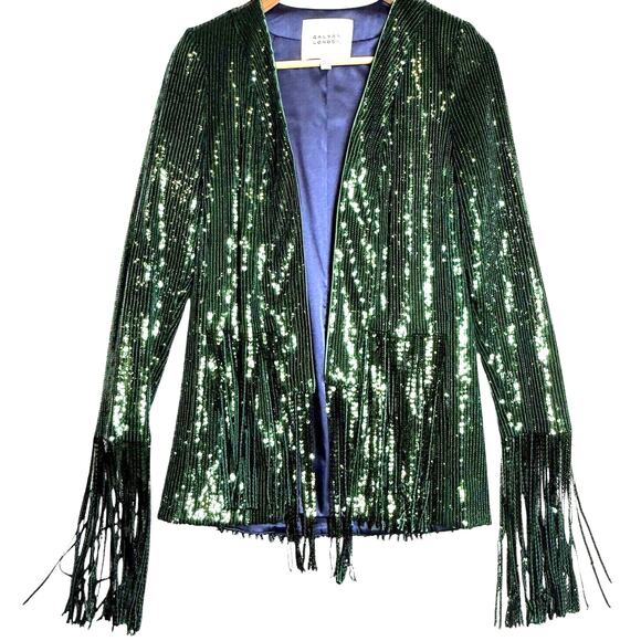 Galvan London Stardust Jacket Emerald Green Sz Med Sequin Sparkle Fringe - Picture 1 of 6